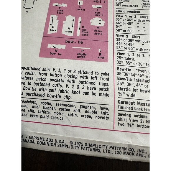 7203 SIMPLICITY 1975 - SHIRT w BOW TIE - BOYS Sz 4 And 6 Vintage Pattern - Picture 4 of 4